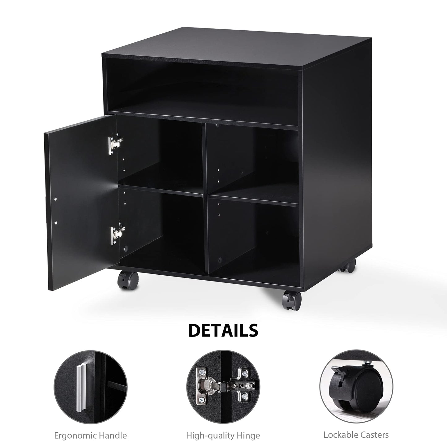 FITUEYES Printer Stand with Storage Adjustable Shelves, Wood Mobile Cart with Door, Rolling File Cabinet on Wheels for Home Office, Black, PS406001WB