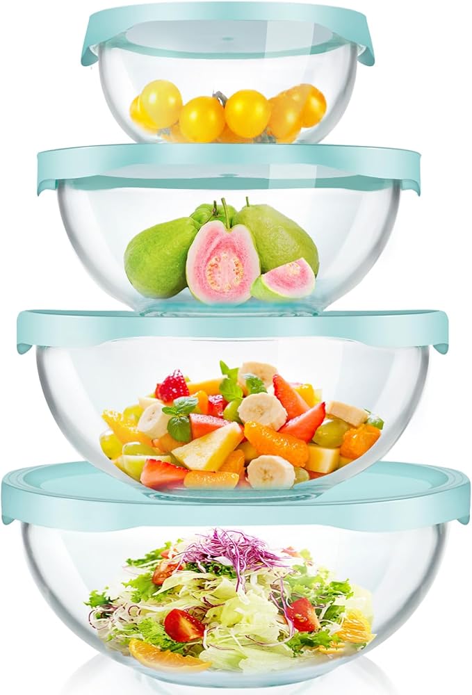 Luvan Borosilicate Clear Glass Mixing Bowls with Lids Set of 4 (0.53qt, 1.1qt, 2.1qt, 3.7qt), Space Saving Nesting Bowls Large Kitchen Salad Bowls for Meal Preping,Baking,Mixing,Dishwasher Safe