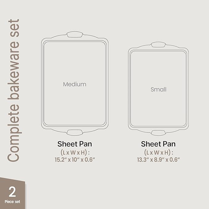 2 Piece Set Nonstick Carbon Steel Oven Bakeware -Professional Quality Kitchen Cooking Baking Trays -PFOA, PFOS, PTFE-Free Medium & Large Baking Sheet Pans with Red Silicone Handles