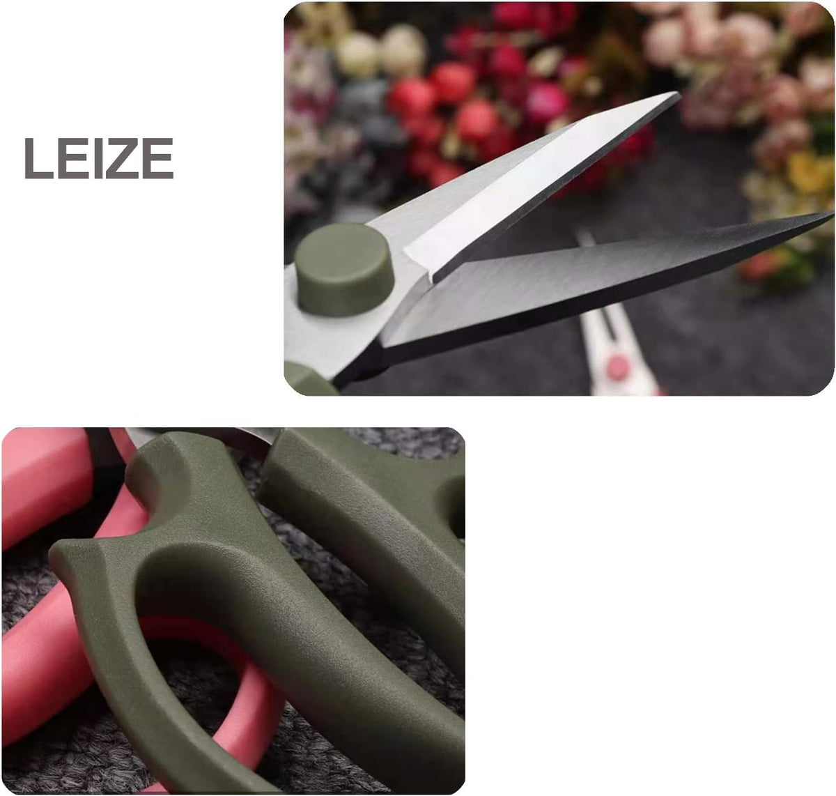 Leize Flower Scissors, Premium Thickened Stainless Steel Floral Shears, Strong Pruner for Flowers, Branches and Leaves (Grey Green Slender)