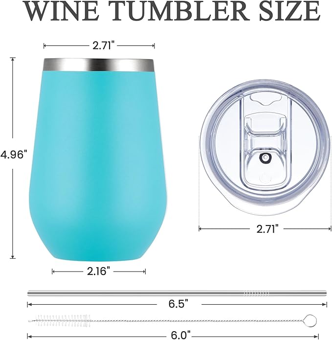 MEWAY Stemless 12oz Insulated Wine Tumbler with Lid and Straw - Double Wall Stainless Steel Thermal Cup for Hot and Cold Drinks, Ideal for Bridal and Baby Shower Game Prizes(Light Green,Set of 12)