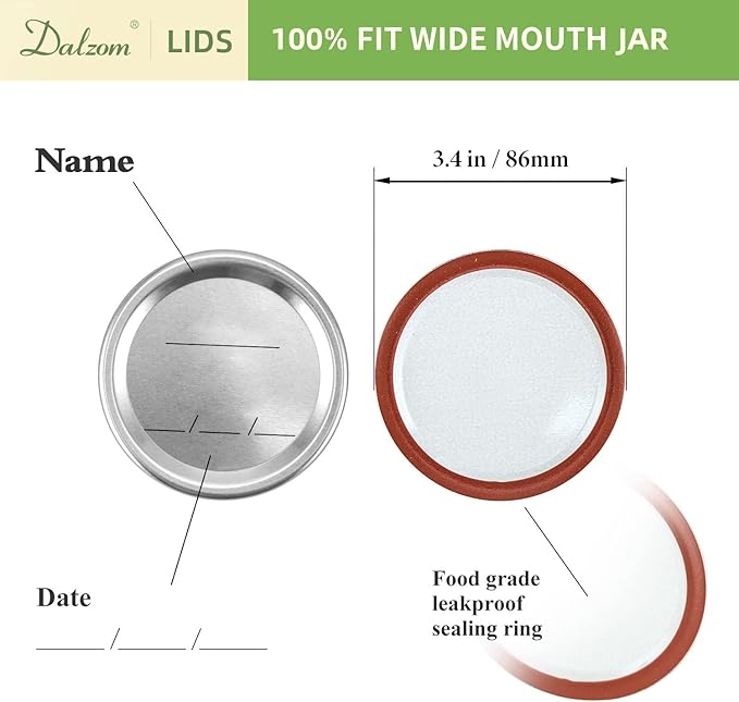 Dalzom® 72Pcs Canning Lids with 72Pcs Rings Wide Mouth, Premium Mason Jar Lids with Rings for Ball, Kerr Jars - Food Grade Material, 100% Fit & Airtight for Wide Mouth Mason Jars