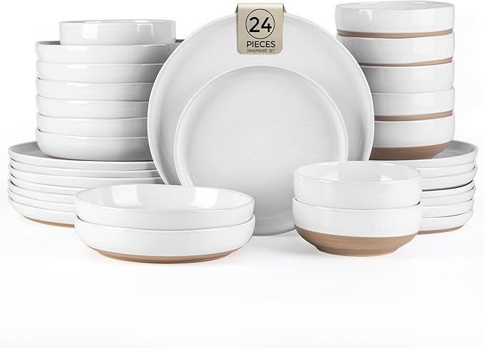 AmorArc Ceramic Dinnerware Sets with Pasta Bowls for 6, Handpainted Plates and Bowls Set with Rustic Terracotta Underside, Scratch Resistant Dishes Set, Dishwasher & Microwave Safe, 24 Pcs