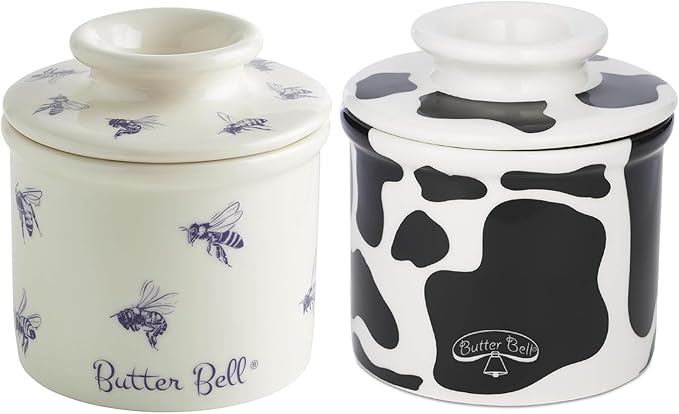 Butter Bell - The Original Butter Bell crock by L Tremain, a Countertop French Ceramic Butter Dish Keeper with Lid for Spreadable Butter, Farmhouse Collection, Honey Bees + Cow Pattern