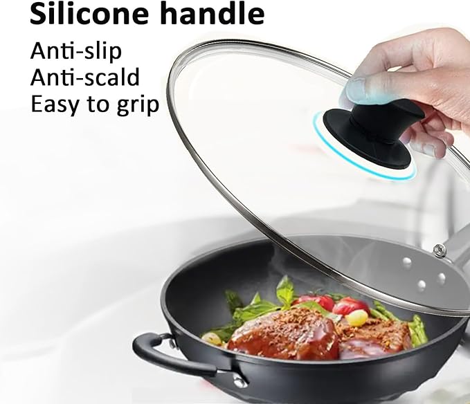 Glass Lids, Replacement Tempered Clear Glass Lids with Steam Vent，Covers For pots, pans and skillets，Available in Small and Large 8, 9.5, 10.25, 11, 12, and 12.5 Inch
