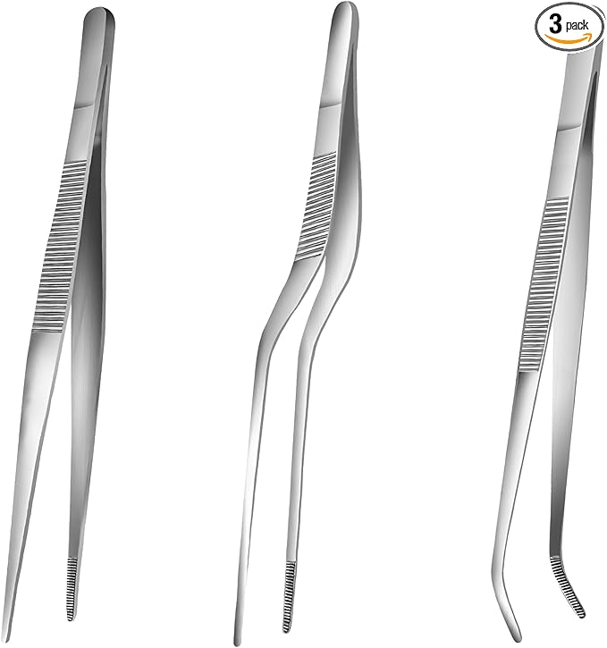 8-Inch Kitchen Tweezers Tongs Stainless Steel Kitchen Tweezers for Cooking Chef Tweezer Professional Skinny Culinary Tongs for Pasta Food Plating BBQ (3PCS)