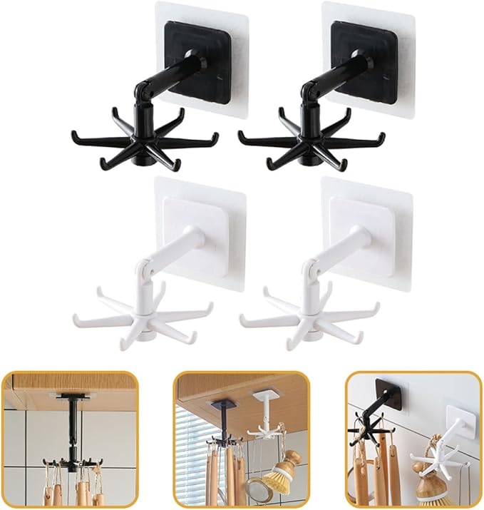 ARTIBETTER 4pcs Rotatable Kitchen Utensil Hooks Set, 360° Swivel Hanging Holders for Wall Under Cabinet Storage, Black and White Non-Drill Hooks for Space-Saving Organization