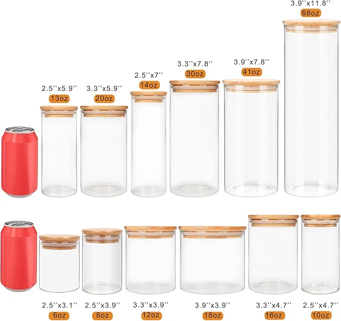 Glass Food Storage Containers Jars with Airtight Bamboo Lid 14 oz 10 pcs, 450 ml Pantry Organization Jar, Glass Terrarium with Lid, Spice, Flour and Sugar Container, Canister Set for Kitchen Counter