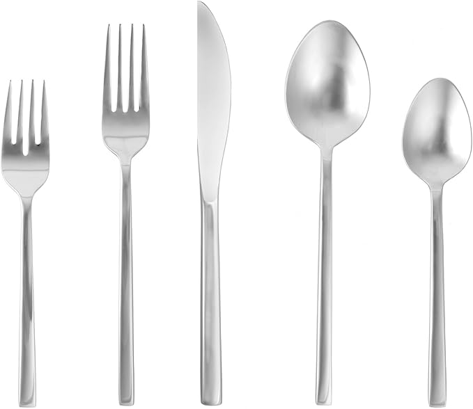 FORTESSA Arezzo 18/10 Stainless Steel Flatware, 20 Piece Place Setting With Table Knives, Forks and Spoons (Service For 4), Dishwasher Safe, Brushed