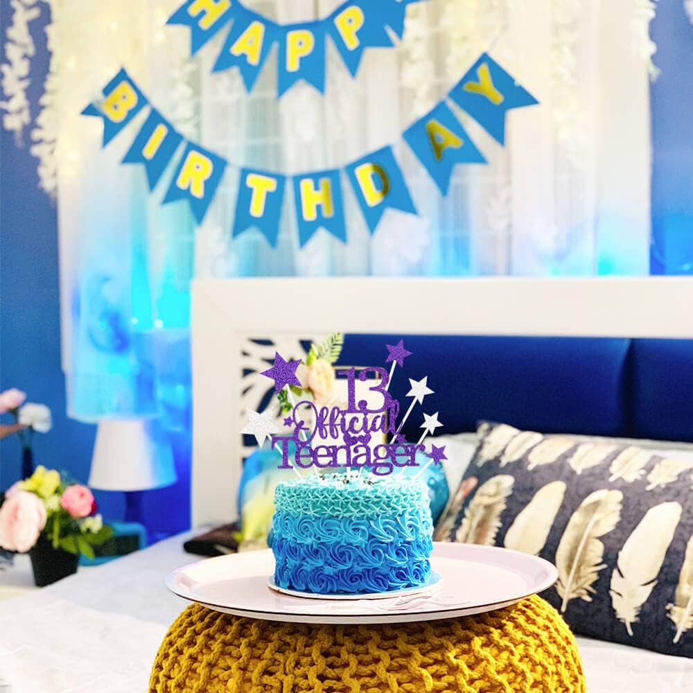 Glittery 13 Ofiicial Teenager Cake Topper with Star,13th Happy Birthday Cake Topper Party Decorations Party Supplies for Boys Girls Purple Silver