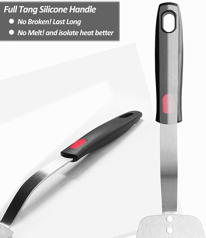 Stainless Steel Flexible Spatula Solid Turner, XiaoZu Thin Metal Spatula for Cast Iron Skillet, Thin Blade and Heat Resistant Silicone Handle, Great for Egg, Cookie, Meat, Crep, Medium