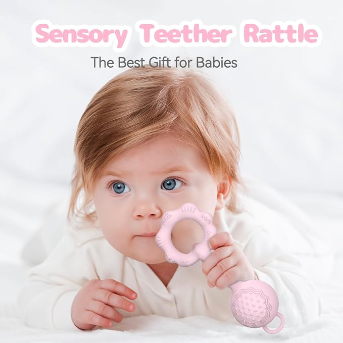 Teething Toys for Babies 6-12 Months, Baby Rattles 0-6 Months, 2-in-1 Rattle and Teether Toy for Soothing Sore Gums and Keeps Little Ones Entertained, Food Grade Silicone, Pink