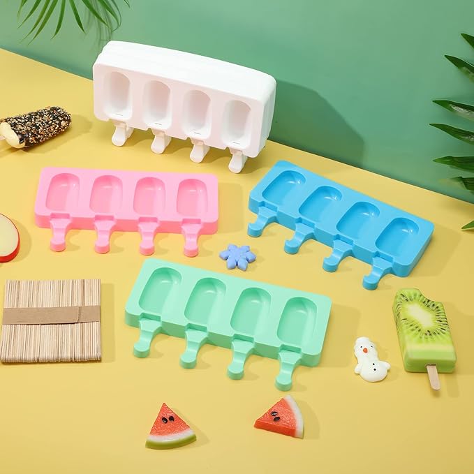 Irenare 12 Pcs Cakesicle Molds Silicone Small, 4 Cavities Cake Pop Mold Ice Pop Mold Ice Cream Molds Oval with 400 Wooden Sticks for DIY Cake