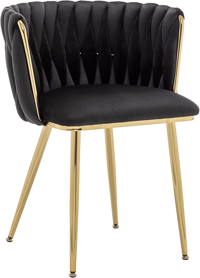 Kiztir Black Velvet Dining Chairs Set of 2, Upholstered Dining Room Chairs with Gold Metal Legs, Modern Dining Chairs with Woven Back for Living Room, Bedroom, Kitchen