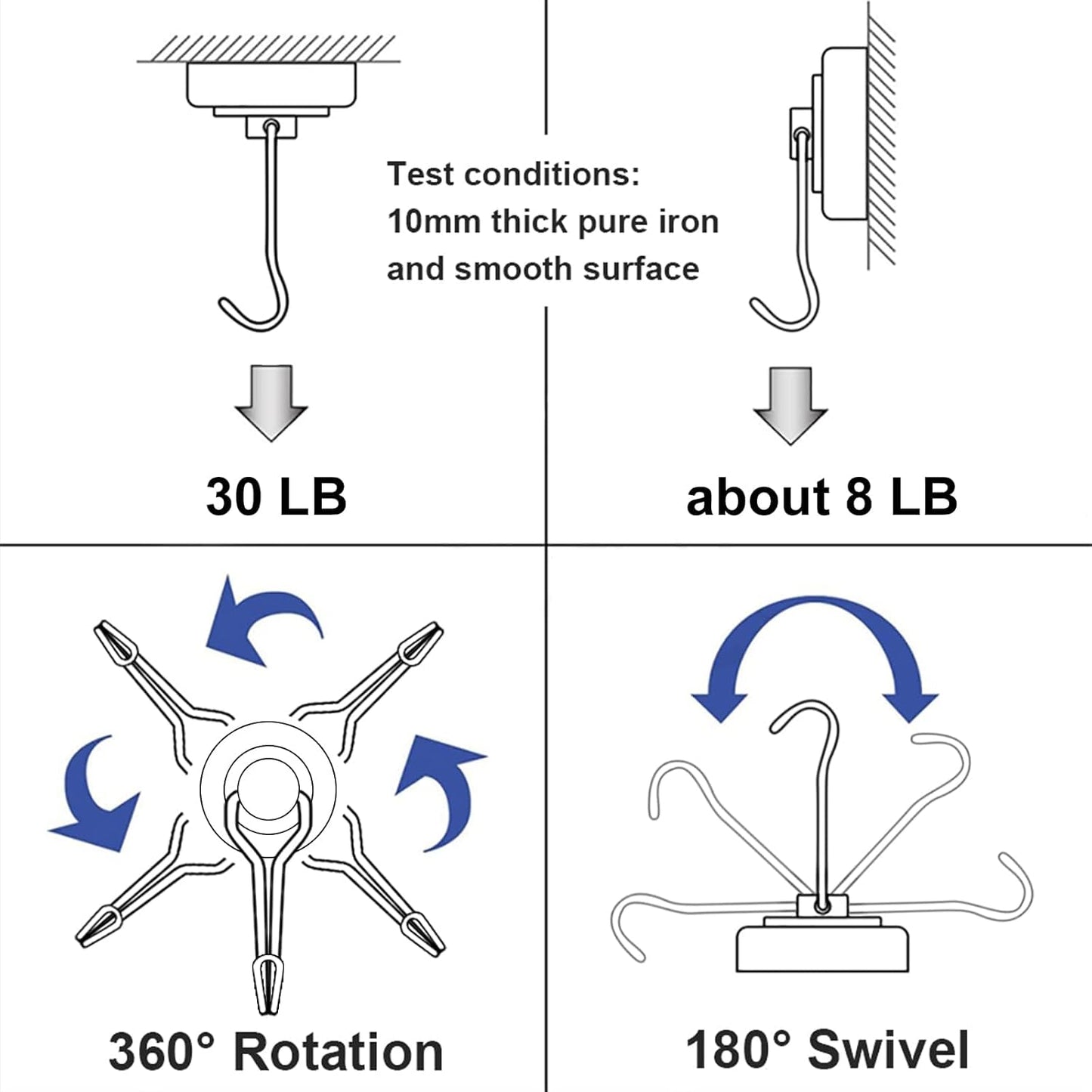 E BAVITE Swivel Swing Magnetic Hooks, Strong Neodymium Rare Earth Magnet Hook Perfect for Refrigerator and Other Magnets Surfaces, Pack of 3,Silver