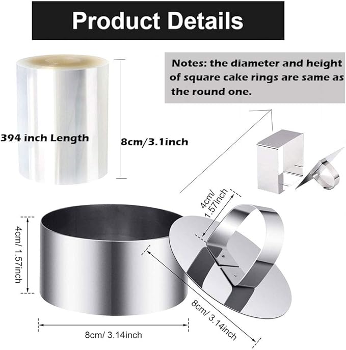 DATANYA 9Pack 3.15‘’ Cake Ring Molds with 3 Inch Cake Collars, Stainless Steel Food Rings Round & Square Cooking Ring Molds with Pressers, Transparent Acetate Sheet Cake Rolls for Baking Pastry