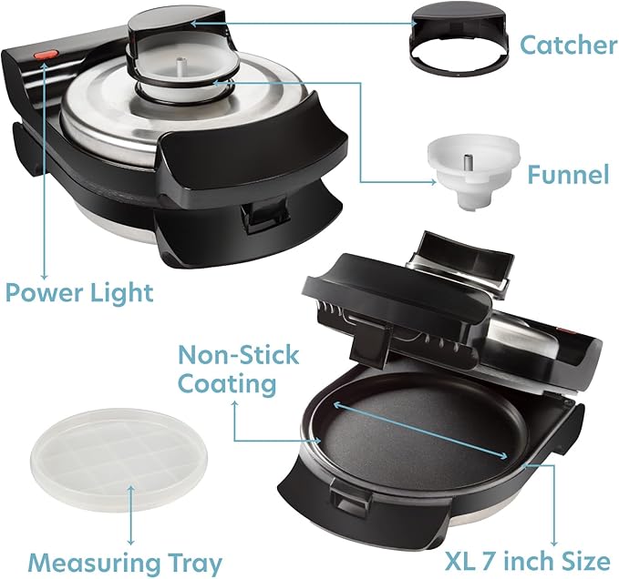Electric Stuffed Pancake Maker- Make a GIANT Stuffed Waffle or Pan Cake in Minutes - Add Fillings for Delicious Breakfast or Dessert, Nonstick Baker Machine w Silicone Batter Funnel, Fun Unique Treat
