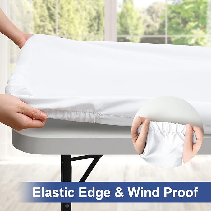 homing Rectangle Table Cloth Cover, Waterproof Polyester Elastic Fitted Tablecloth, Fits for 4 Foot Folding Tables, Washable Table Protector for Picnic, Camping, Outdoor (White, 24" x 48")