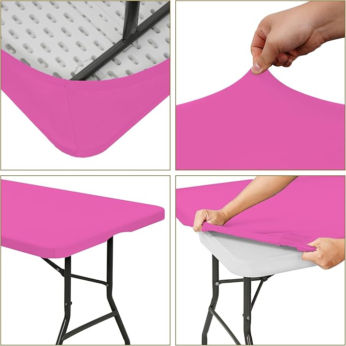 10 Pack Fitted Tablecloth for 8 Foot Rectangle Tables, Hot Pink Elastic Outdoor Picnic Table Cover, Washable Stretch Folding Table Cloths 8 ft for Camping Party Patio Kitchen Banquet, 30" W x 96" L
