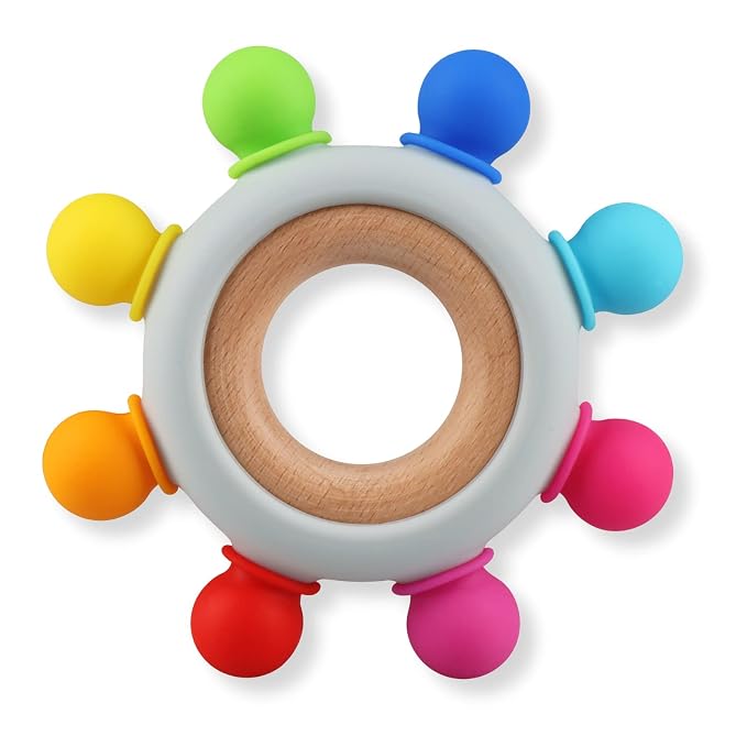 Baby Teething Toys, Silicone Chewable Teethers with Wooden Ring for Soothing Babies Gums, Rudder Chewers Shower Gift for lnfants & Toddlers, 3+ Months (8 Directions, Rainbow)