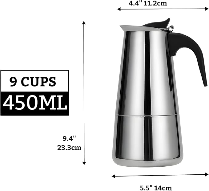 Stainless Steel Moka Pot, Gas/Electric Stovetop Espresso Maker, Percolator Coffee Pot Italian Percolator Cuban Café Brewing, Greca Coffee Maker (9CUP 450ml)