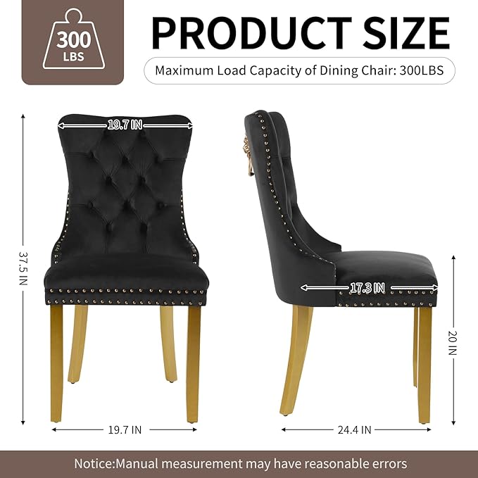 Velvet Dining Chairs Set of 6, Upholstered Dining Room Chairs with Lion Head Pulls Ring and Golden Solid Wood Legs, Modern Button Tufted Kitchen Chairs for Dining Room, Kitchen(Black)
