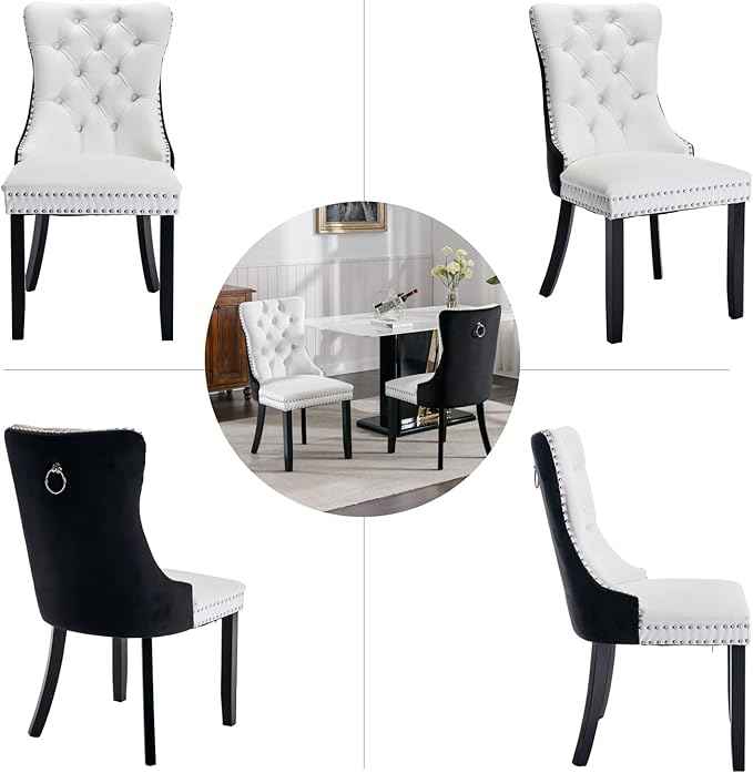 Dining Chairs Set of 6, Upholstered Dining Room Chairs with Back Ring Pull Trim and Solid Wood Legs, Modern Tufted Kitchen Chairs Perfect for Dining Room, White Pu Leather Splicing Black Velvet