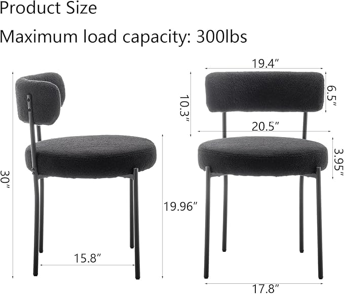 Black Boucle Dining Chairs Set of 4, Upholstered Dining Chairs with Black Metal Legs, Round Modern Dining Chair for Dining Room