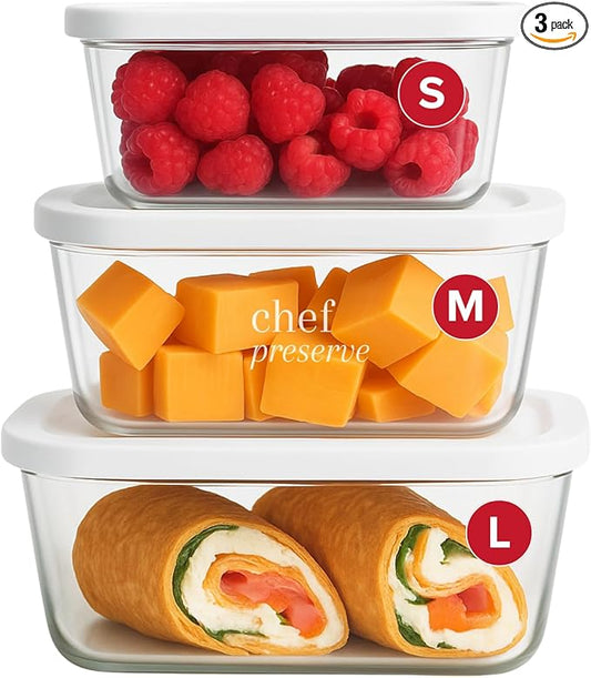 Chef Preserve Glass Vacuum Seal Containers for Food Storage, Made For Compact Vacuum Sealer, 3pcs set [1x Small, 1x Medium, 1x Large] Works With Handheld Vacuum Sealer Machine