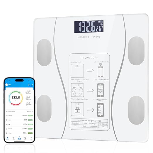 Digital Simple and Practical Body Fat Scale with Smartphone App, Bathroom Scale with Led Display - White