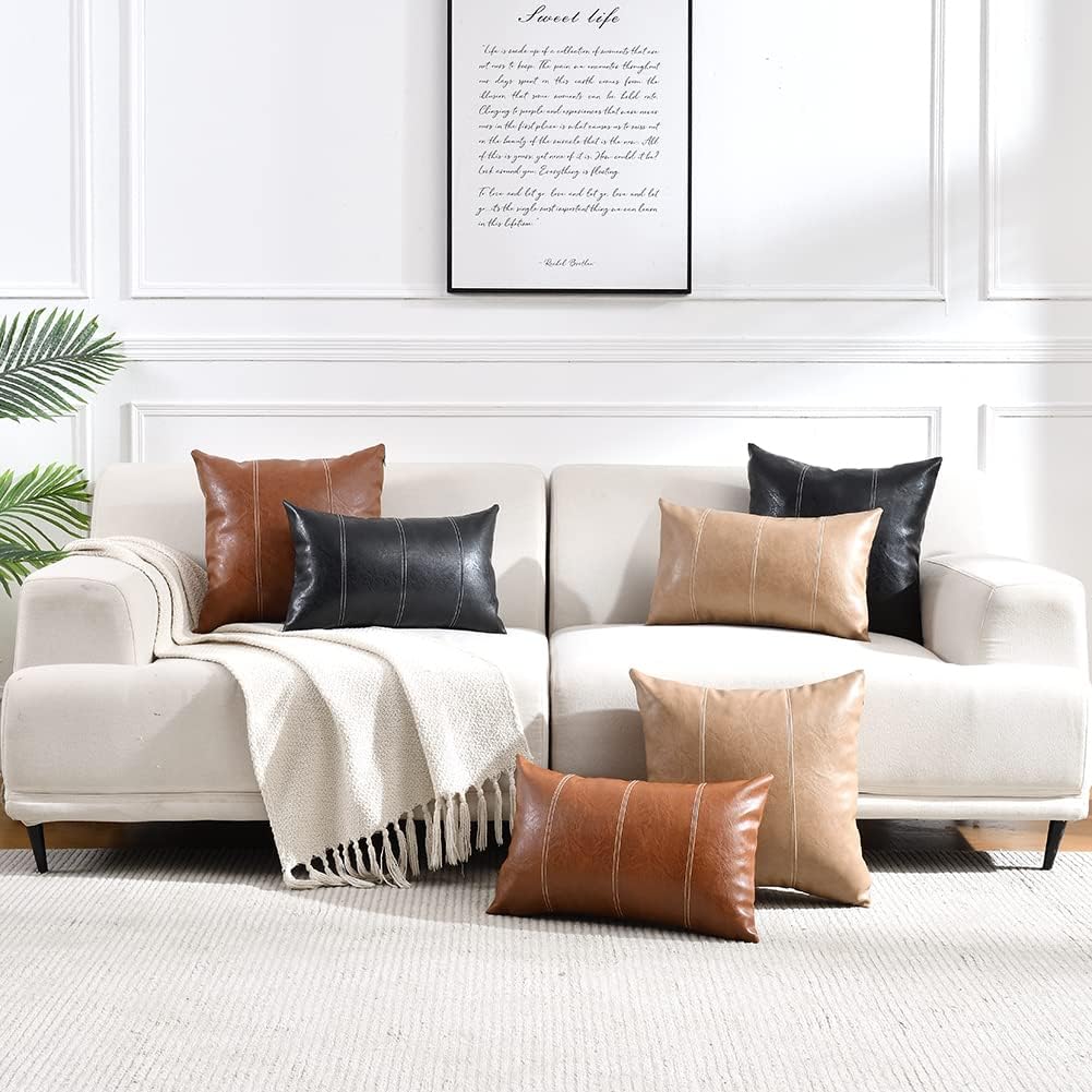 Fancy Homi Black Lumbar Faux Leather Decorative Throw Pillow Covers 12x20 Inch for Living Room Couch Bed Sofa, Boho Farmhouse Home Decor, Hand Stitched Rectangle Cushion Case 30x50 cm