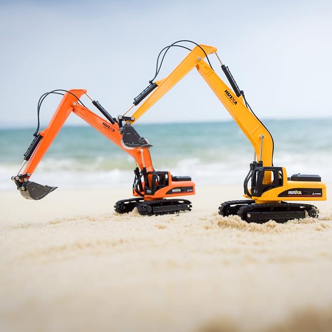 Gemini&Genius Long Reach Excavator Toy for Kids, Heavy Duty Construction Vehicle Digger Toys, 360-degree Rotatable Driver's Compartment, Multi-Jointed Movable Tracked Vehicle for Kids Gift (Yellow)