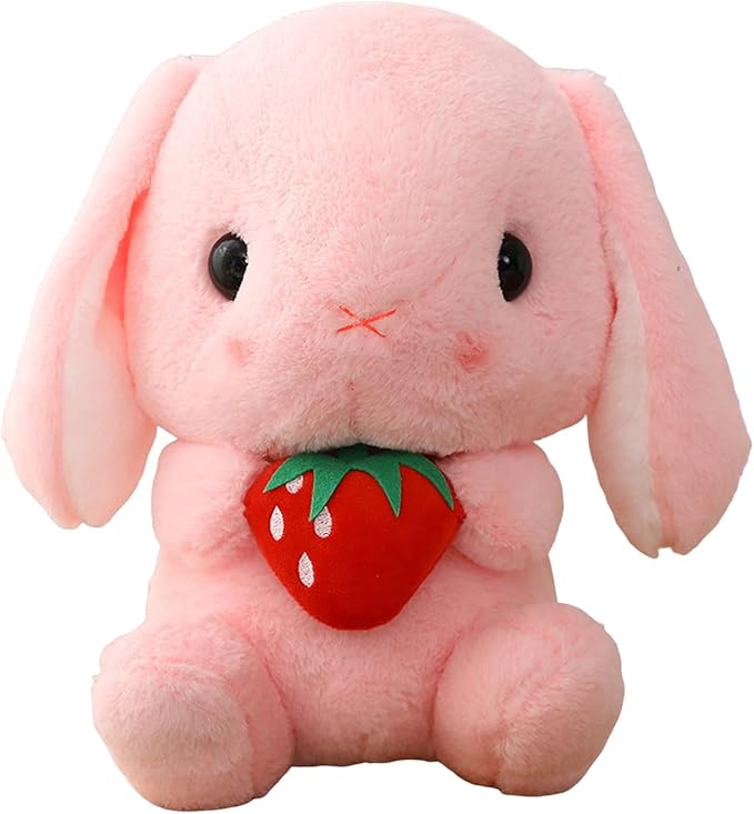 HOUPU Soft Toy - Sitting Lop Eared Rabbit, Easter White Rabbit Stuffed Bunny Animal with Carrot Soft Lovely Realistic Long-Eared Standing Pink Plush Toys (Pink-Strawberry,16.9in/43cm)
