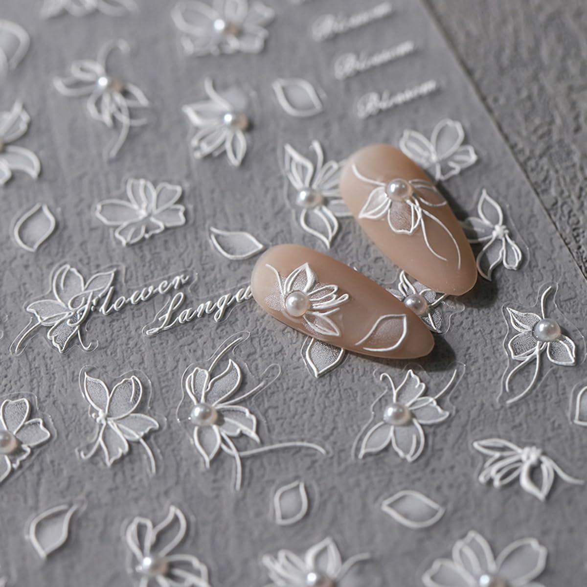 Flower Nail Art Stickers Sparkly White Floral Nail Stickers 5D Embossed Light Style Nail Decals Accessories Pearl Adhesive Slider Nail Art Supplies for Women DIY Decorations