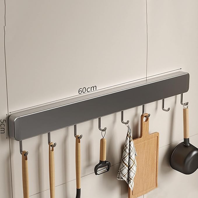 Kitchen Utensil Hanger Wall Mounted Hooks, No Drilling Removable and Adjustable Hooks Kitchen Rail with 8 Hooks for Hanging Cooking Utensils, Mugs, Spoons (12 Hooks)