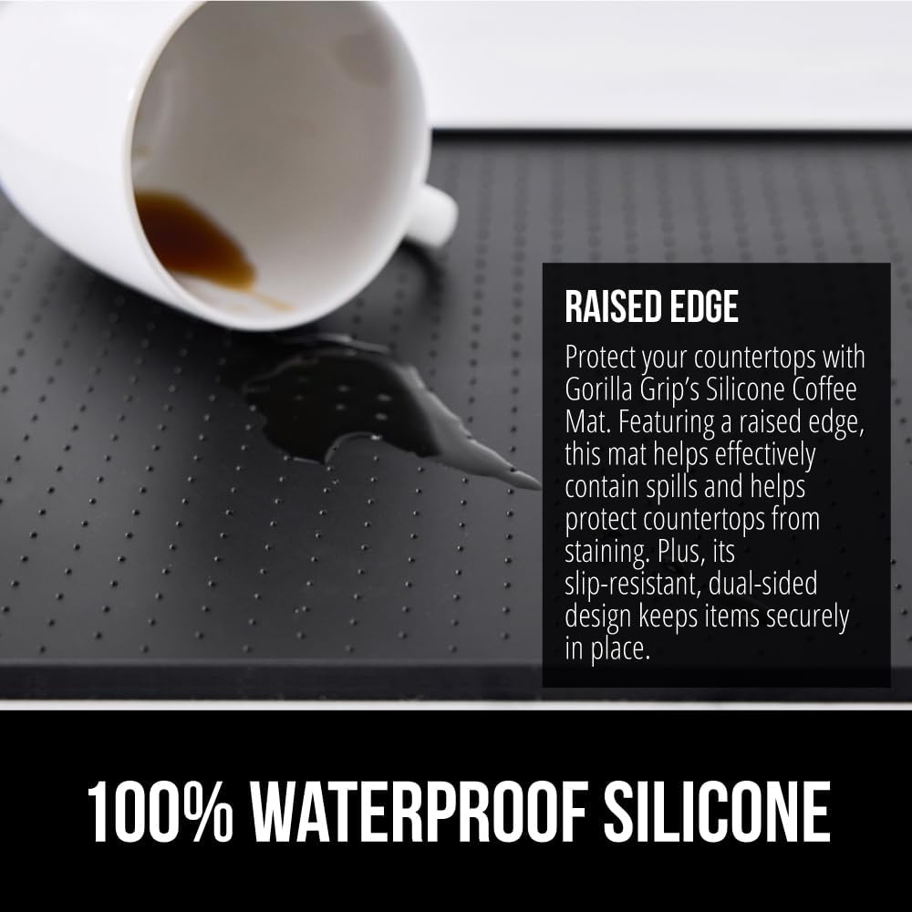 GORILLA GRIP Silicone Coffee Mat, 15x23, Espresso Drink Bar Station Accessories, Use Under Machine, Waterproof Heat Resistant Multi-Use Dish Drying Mats, Stays in Place, Kitchen Home Decor, Black