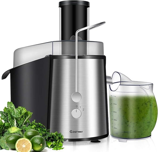 COSTWAY Juice Extractor, 75MM Wide Mouth Stainless Steel Juicer Machines, 2-Speed Setting High Speed Masticating Juicer Machine for Fruits and Vegetable with Slag Pot and Juice Jug, BPA-Free
