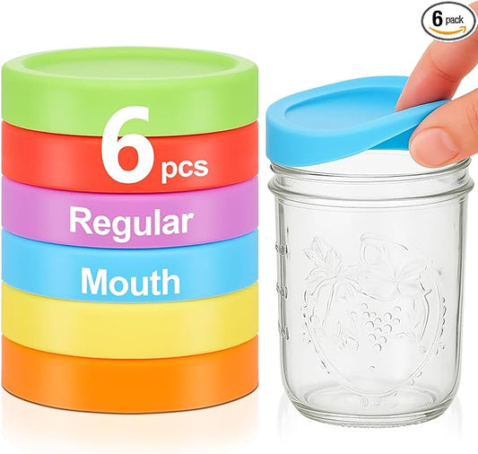 6 Pcs Silicone Regular Mouth Lids Mason Jar Lids Thickened Leak Proof Lid for 70 mm All Regular Mouth Mason Jars, Reusable Large Canning Jar Caps(Red, Orange, Yellow, Green, Blue, Purple)