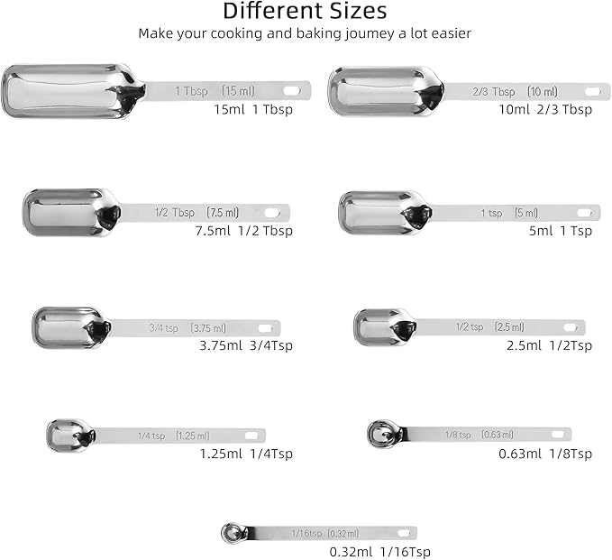 Measuring Spoons Set, 18/8 Stainless Steel Measuring Spoons, Heavy Duty Narrow Metal Measure Spoon with Long Handle, Metric & US Engraved Measurements Set 9 Fits in Spice Jars for Dry or Liquid