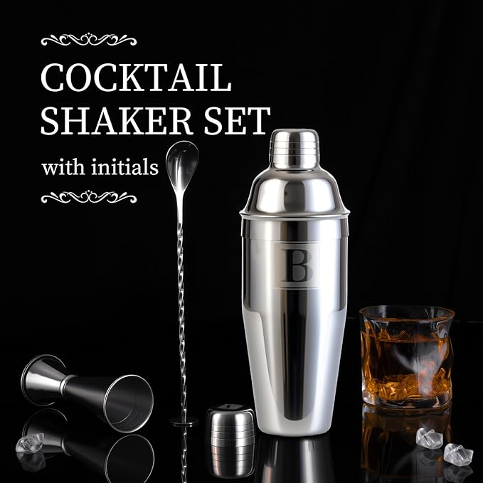 24oz Cocktail Shaker Set with 1 oz 2oz Jigger - Monogramm Initials Martini Shaker Set - 304 Stainless Steel Bar Shaker for Margarita,Mojito-Personalized Gift for Friend,Husband-E