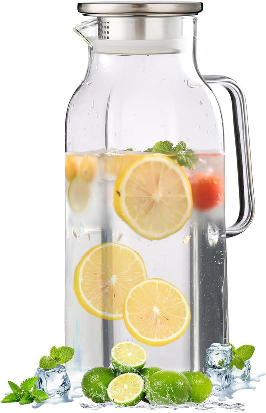 1.8 Liter Glass Pitcher with lid 60oz Glass Water Pitchers for Fridge Heat Resistant Glass Water Carafe with Handle for Party Water Jugs Tea pitcher Lemonade Iced Tea Jug Juice or Drinks