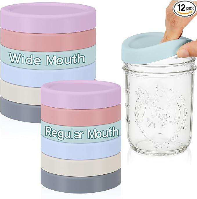 Teenyyou 12 Pcs Mason Jars 6 Wide and 6 Regular Mouth Lids Mason Jar Lids Thickened Leak Proof Lid for 86 mm and 70 mm Wide and Regular Mouth, Reusable Canning Jar Caps(Morandi)