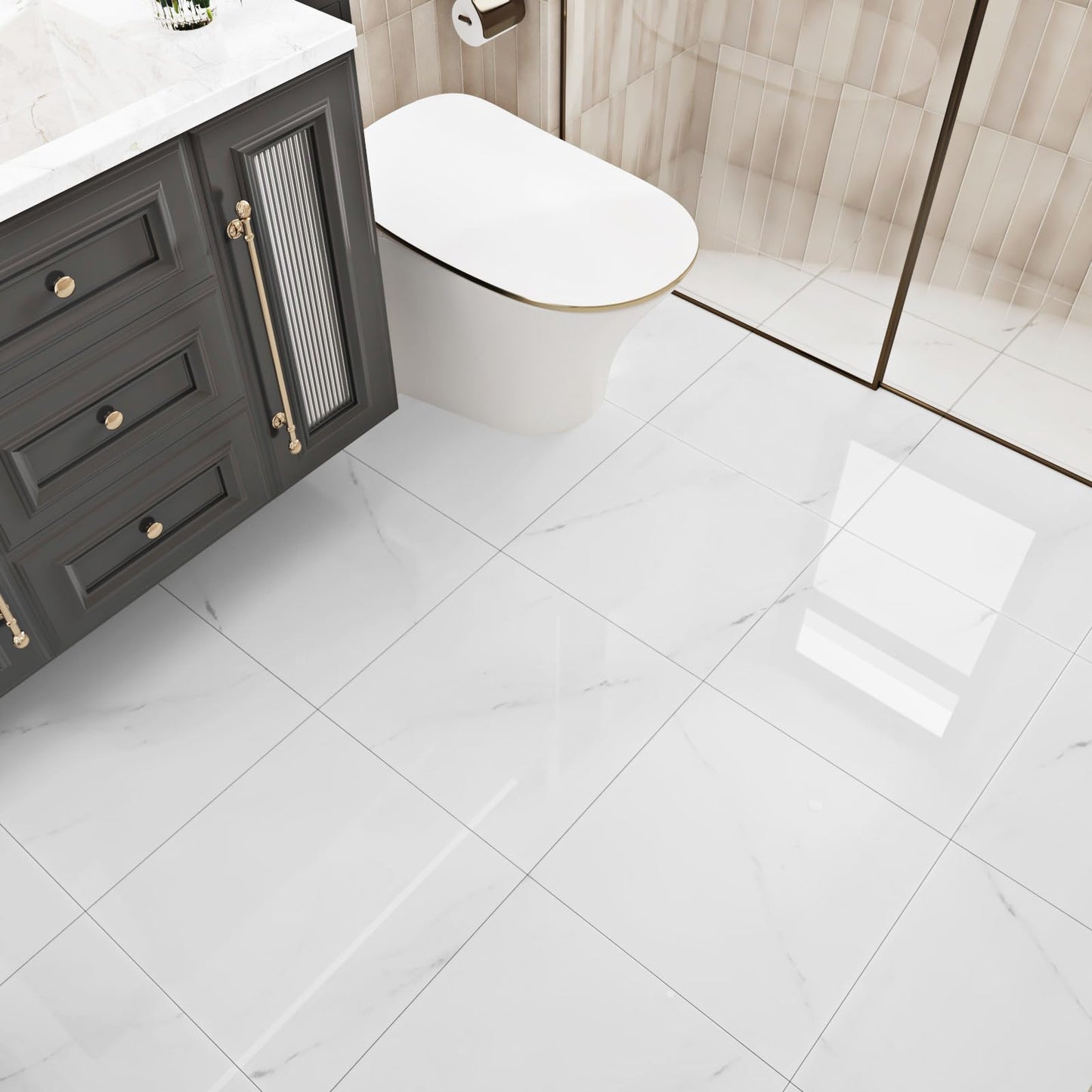 WESTICK White Marble Bathroom Stick on Floor Tiles Peel and Stick Waterproof Vinyl Flooring Adhesive Flooring Tiles for Kitchen Bedroom Camper 12 x 12 in 5 PCS
