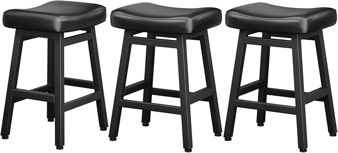 Counter Height Bar Stools Set of 3, 24 Inch Barstools for Kitchen Counter, Kitchen Stools with Bonded Leather Saddle Seats & Heavy Duty Metal Legs, Easy Assembly, All Black