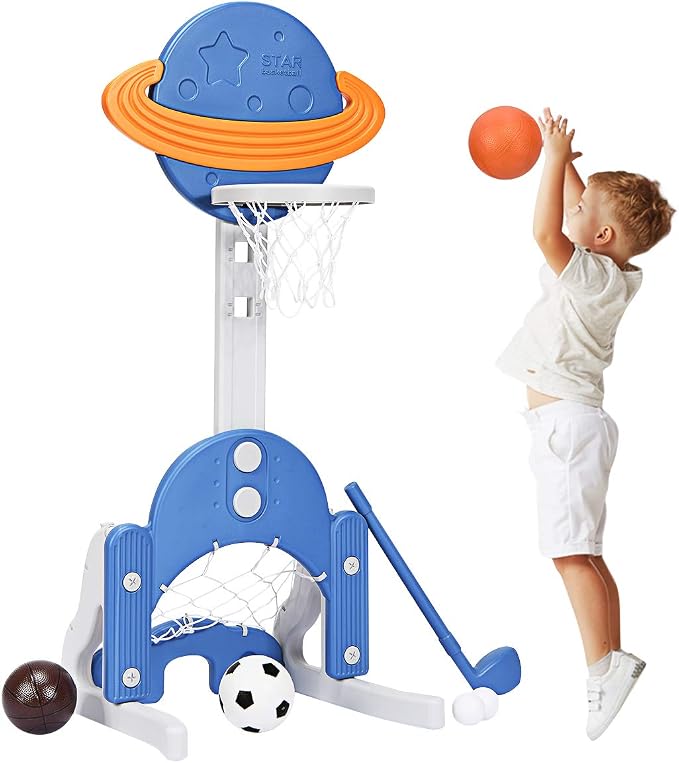 Costzon Kids Basketball Hoop, Toddler Sports Activity Center w/ 5 Adjustable Height Levels, Basketball Soccer Golf Game Set, Indoor Outdoor Basketball Hoop Set Gift for Baby Infant