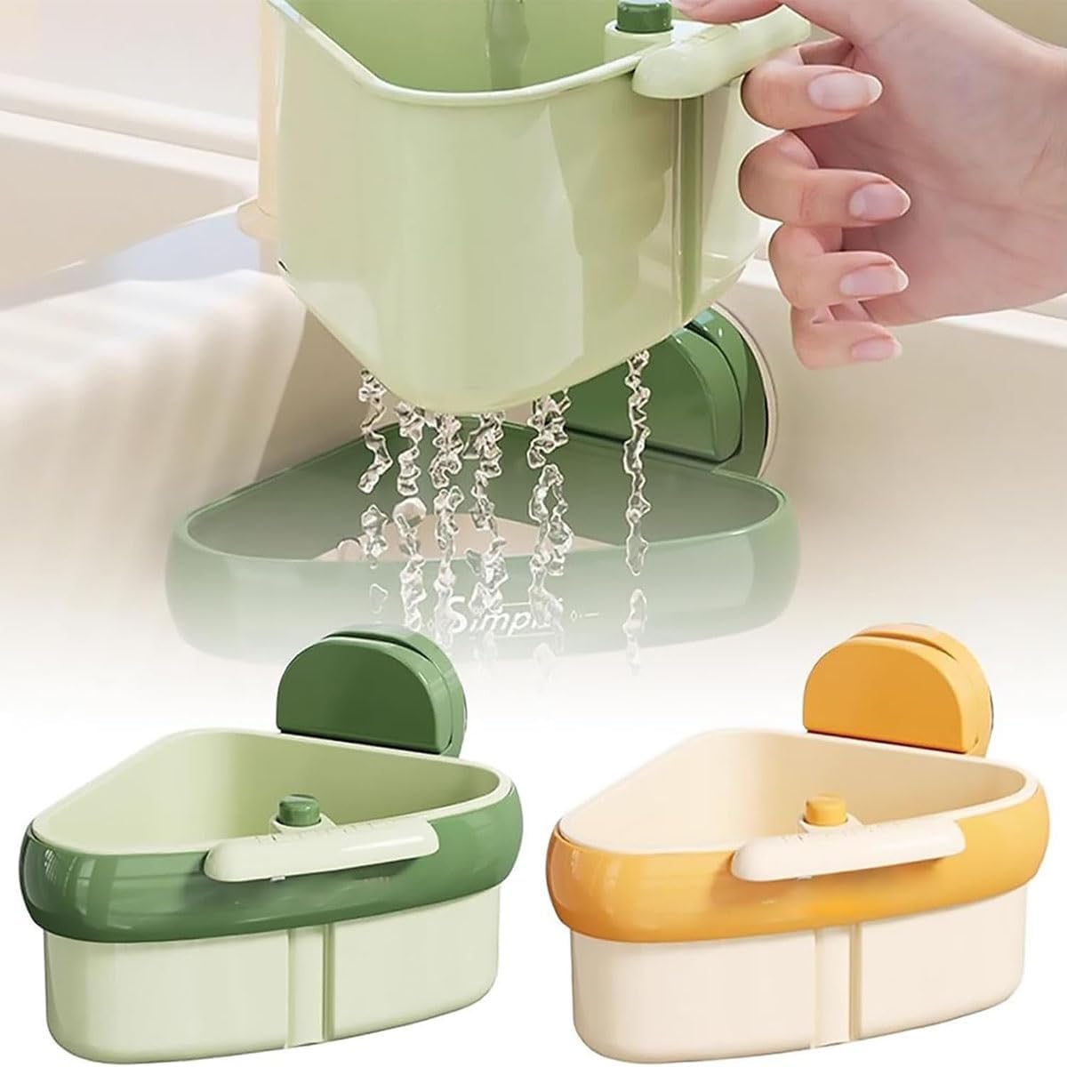 Suction Cup Sink Corner Rack, Triangular Sinks Basket Shelf with Suction Cup Sucker, Plastic Sink Storage Rack Holder, Trash Catcher, Corner Hanging, for Kitchen Bathroom Dishware(Yellow)