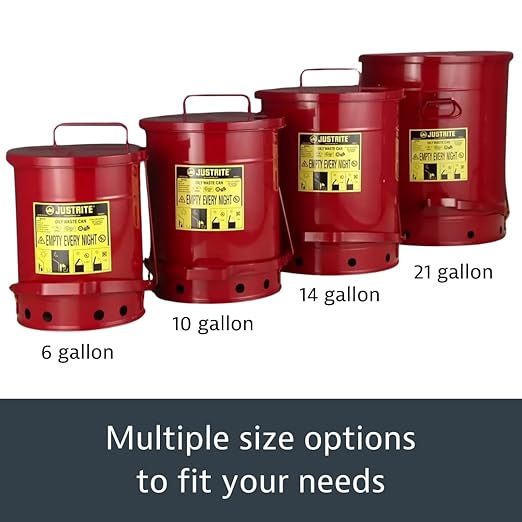 Justrite 21 Gallon Galvanized Steel Oily Waste Can, 23.5" x 18" Metal Oil Rag Safety Can with Foot Operated Self-Closing Lid for Oil Rag Disposal, Made in The USA, Red, 09700