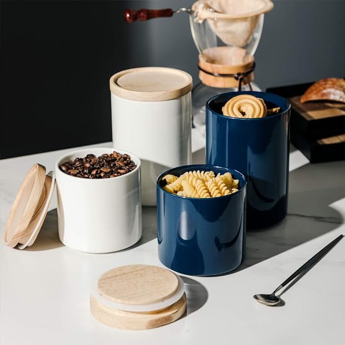 Sweejar Kitchen Canisters Ceramic Food Storage Jar, Stackable Containers with Airtight Seal Wooden Lid for Serving Ground Coffee, Tea, Sugar, Salt and More - 28 Fl Oz (White)