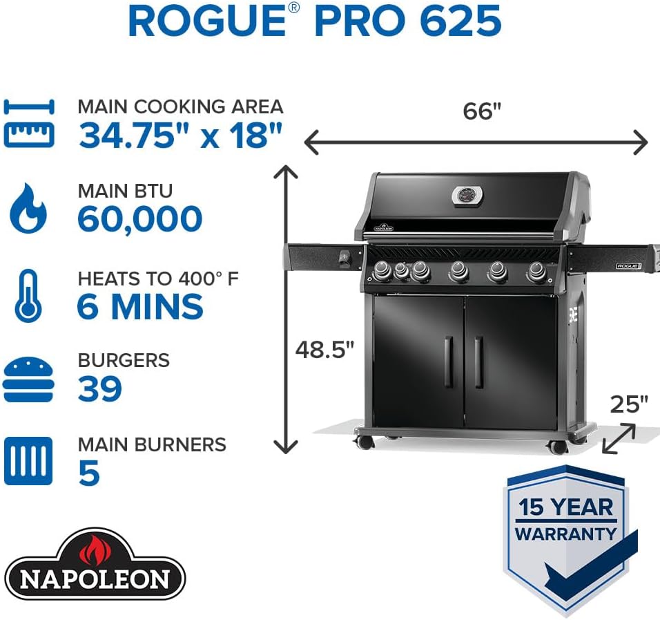 Napoleon Rogue PRO 625 Propane Gas Grill with Infrared Side Burner, Black, Durable 6-Burner Backyard Grill