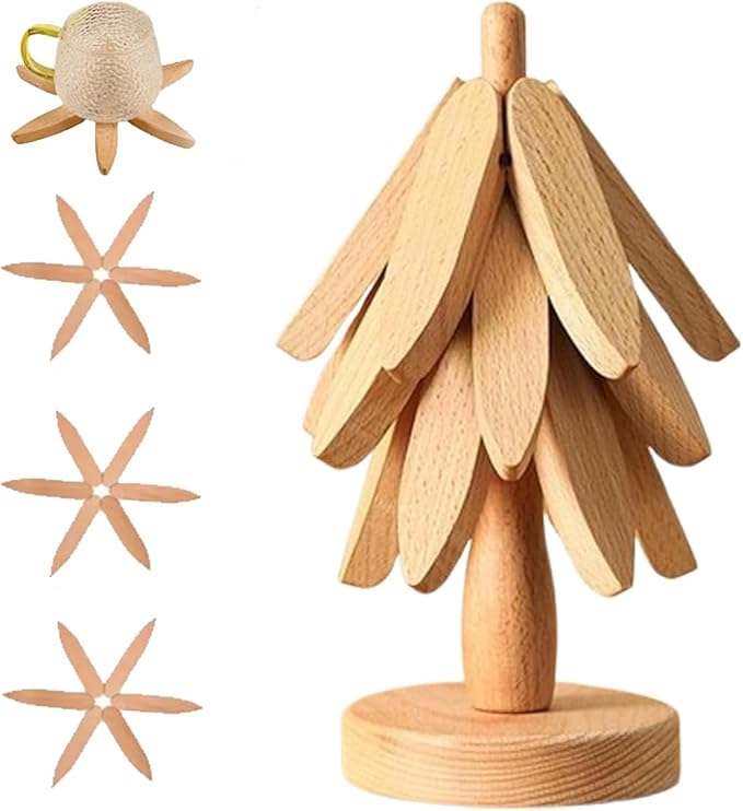 Natural Wood Tree Trivet Set, 𝐍atural Tree Trivet Set - 4 Wooden Trivets,4 Wooden 𝐓rivets & 1 Stand Like a Christmas Trees,for Hot Dish,Pot,Bowl,Teapot,Hot Pot Sets (Natural Wood 3 Trivets,3set)